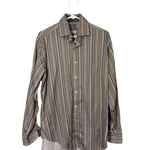 Thomas Dean stripped dress casual shirt button up, Brn gray striped Men Lg